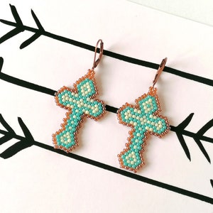 TURQUOISE CROSS EARRINGS-Boho dangle cross earrings-Beaded cross earrings-Seed bead earrings-Cross earrings woman-Cross earrings dangle