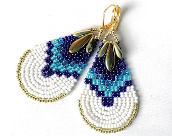 Blue white beaded teardrop earrings-Native beaded earrings-Blue earrings boho-Chandelier earrings boho-Seed bead earrings-Teardrop earrings