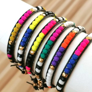 UV Reactive Beaded Leather Wrap Bracelet: Neon Glow in the Dark