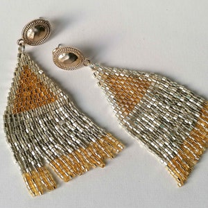 ART DECO SILVER Earrings-Fringe Beaded Earrings-Seed bead Earrings-Statement Earrings-Luxury Earrings-Silver gold beaded earrings