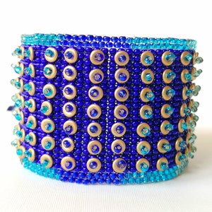 BLUE OMBRE BRACELET-Blue beaded bracelet-Embroidery bracelet-Ombre bracelet-Blue gold bracelet-Seed bead bracelet-Cuff beaded bracelet