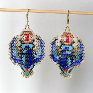 SCARAB BEETLE EARRINGS-Scarab earrings-Egyptian earrings-Seed bead earrings boho-Statement earrings dangle-Egyptian jewelry-Scarab jewelry
