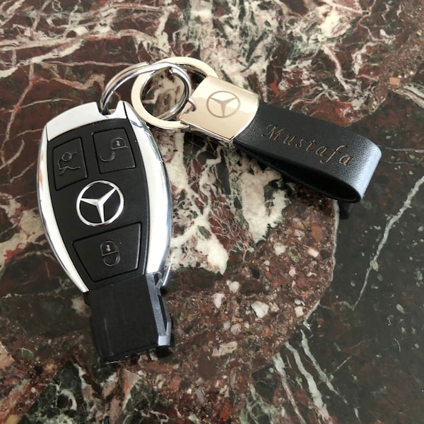Keychain leather personalized with engraving, all car brands possible, Mercedes,VW,Porsche,Fiat,Peugeot,Renault,Ferrari,Skoda,Dacia,