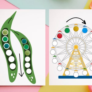 Op de afbeelding: Twee groene peulen met witte cirkels erin. De cirkels op de linker peul zijn gevuld met groene, blauwe en witte verf. De cirkels op de rechter peul zijn leeg. Een pijl wijst naar beneden tussen de peulen.