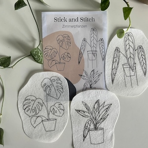 Stick and Stitch - Set kamerplanten (Monstera, Calathea, Anthurium) borduurpatroon op borduurvlies, wateroplosbaar en zelfklevend