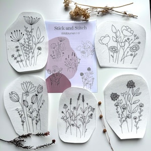 Stick and Stitch Set - Wildflowers I-V embroidery templates on embroidery fleece, water-soluble and self-adhesive