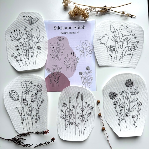 Stick and Stitch Set - Wildflowers I-V Embroidery Patterns on Water-Soluble and Self-Adhesive Stabilizer