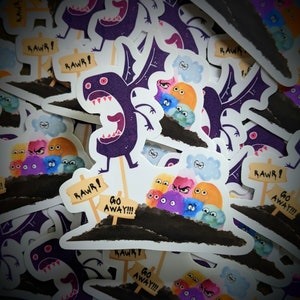 May include: A purple monster with wings and a big mouth is surrounded by smaller, colorful monsters. The monster is holding a sign that says "Go Away!!!".