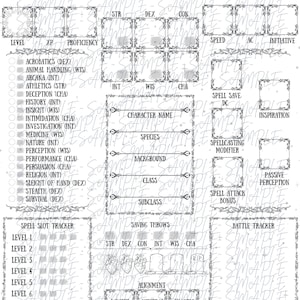 May include: A detailed character sheet for a tabletop role-playing game, featuring ornate borders and sections for stats, skills, and abilities. The sheet includes spaces for character name, class, and other essential information. The design is in black and white.