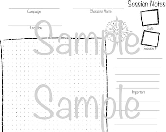 May include: A blank, white session notes sheet with sections for campaign, character name, location, map, and summary. Includes a compass rose graphic and areas for date and session number.