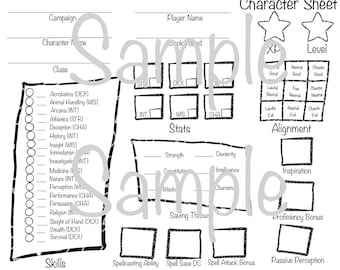 May include: Black and white character sheet for a tabletop role-playing game. The sheet includes sections for stats, skills, and a battle tracker. The word "Sample" is printed across the sheet.