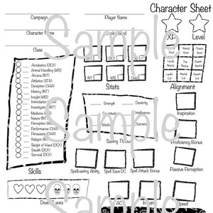 May include: A black and white character sheet for a tabletop role-playing game. The sheet includes sections for character name, class, stats, skills, and a battle tracker. The word "Sample" is printed across the sheet.