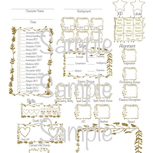 May include: A character sheet with a gold floral border and text fields for character details. Includes sections for class, skills, stats, saving throws, and a battle tracker. The word "Sample" is watermarked across the page.