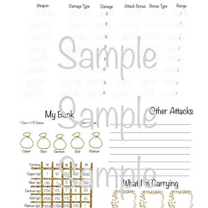 May include: A white paper with handwritten text and gold decorative elements. The page is divided into sections for weapons, currency conversion rates, and carrying capacity. The text includes "Weapons," "My Bank," and "What I'm Carrying."