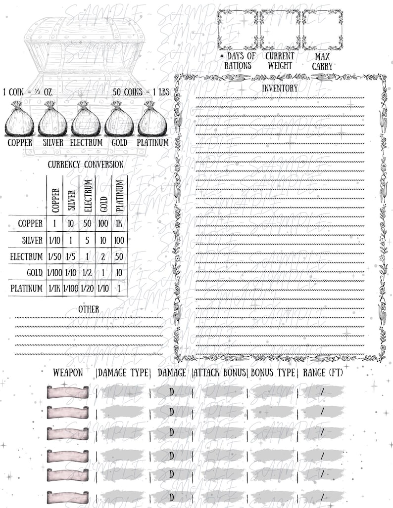 Dnd Rations Card Dnd 5e Inventory and Weapons Tracker Sheet (PDF) - Etsy