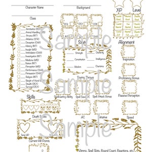 Könnte beinhalten: Ein weißes Charakterblatt mit goldenen floralen Rändern und Text. Das Blatt enthält Abschnitte für den Charakternamen, die Klasse, den Hintergrund, die Werte, die Fähigkeiten, die Rettungswürfe und einen Kampftracker. Der Text "Sample" ist als Wasserzeichen auf dem Blatt.