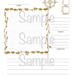 May include: A white session notes page with gold accents. The page includes a compass, decorative borders, and sections for location, date, and session number. The text "Session Notes" is at the top.