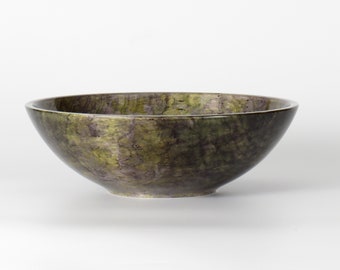 Green and black colorfully dyed, decorative and artistic wooden bowl, hand turned, hand made, 9 7/8 inch diameter