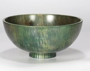 Figured Maple wooden bowl, 9 1/4 " diameter, hand turned on a lathe, blue and green wood dye enhances the grain