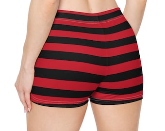 Red & Black Striped Booty Shorts: Gothic Punk Spandex Yoga Shorts