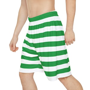 Green Striped Shorts Men&#39;s Green & White Striped Basketball Shorts Men&#39;s Elastic Waist Striped Green Shorts Gift For Him
