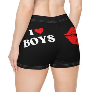 I Love Boys Booty Shorts Kiss Lips Shirts Black Booty Shorts Valentines Day Shorts Cute Weightlifting Shorts Spandex Shorts With Words
