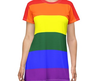 Rainbow Striped Dress LGBTQ+ Pride Dress Women's Short Sleeve Rainbow T-Shirt Dress Rainbow Flag Nightgown Rainbow Loungewear Gift For Her