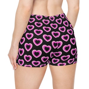 Valentine&#39;s Day Booty Shorts Pink Heart Pattern Shorts Valentine&#39;s Day Cute Matching Black Booty Shorts Pink Heart Spandex Stretchy Shorts