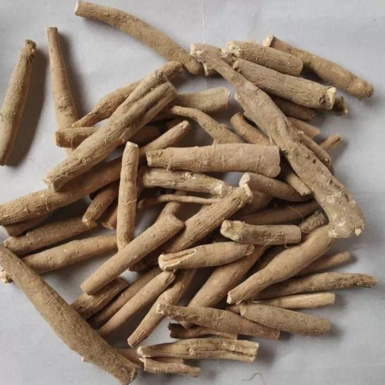 Puede incluir: Un mont&oacute;n de ra&iacute;ces de ashwagandha secas, de color marr&oacute;n claro. Las ra&iacute;ces son cil&iacute;ndricas, con una textura rugosa y longitudes variables. Est&aacute;n dispersas sobre una superficie clara, mostrando los tonos naturales y terrosos del producto herbal.