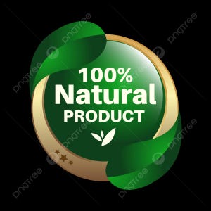 Puede incluir: Una insignia circular verde y dorada con las palabras "100% Natural Product" en blanco. La insignia tiene un borde dorado y est&aacute; rodeada de formas de hojas verdes. Dos peque&ntilde;as estrellas son visibles en el lado izquierdo de la insignia.