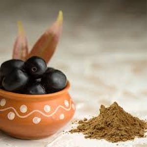 Puede incluir: Un pequeño cuenco de cerámica naranja, redondo, lleno de aceitunas negras, redondas y oscuras. El cuenco tiene un patrón ondulado blanco alrededor del borde. Un pequeño montón de polvo marrón se encuentra junto al cuenco. Dos hojas marrones están detrás del cuenco.