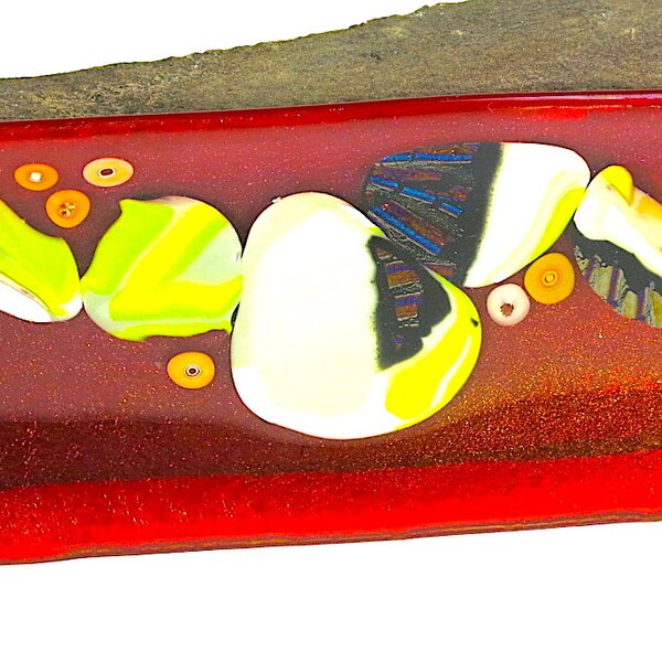 Handcrafted fused art glass Irid Red and multicolored puddles Sushi Plate