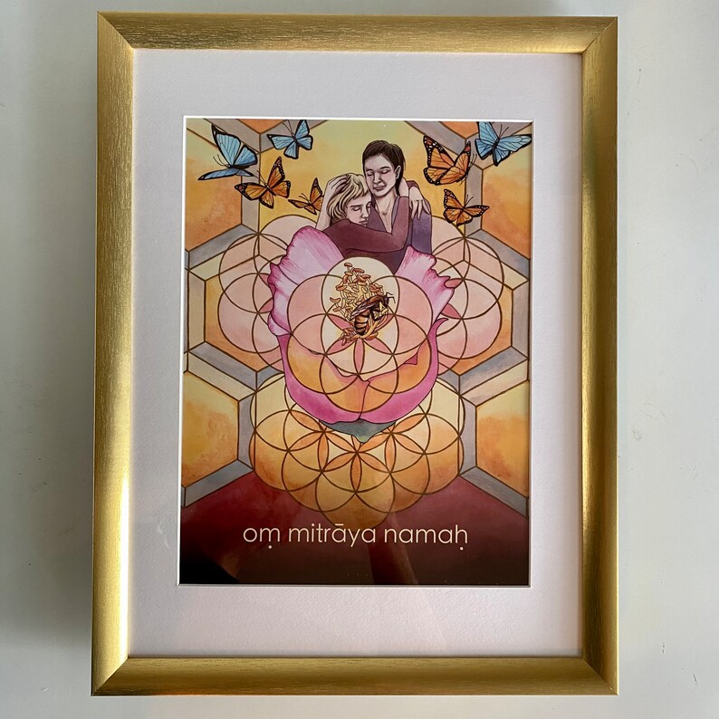 Om Mitraya Namaha Mantra Oracle Art Print Friendship Mantra Gold Frame