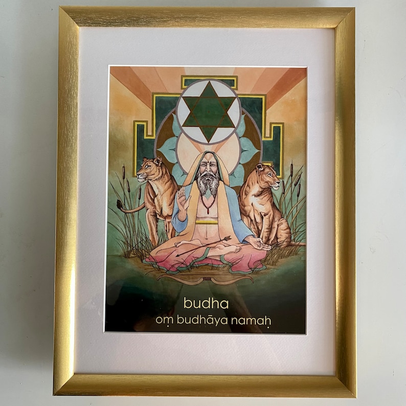 Budha Mercury Mantra Oracle Art Print Om Budhāya Namaha Gold Frame