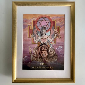 Rahu Lunar North Node Mantra Oracle Art Print Om Rahave Namaha Gold Frame