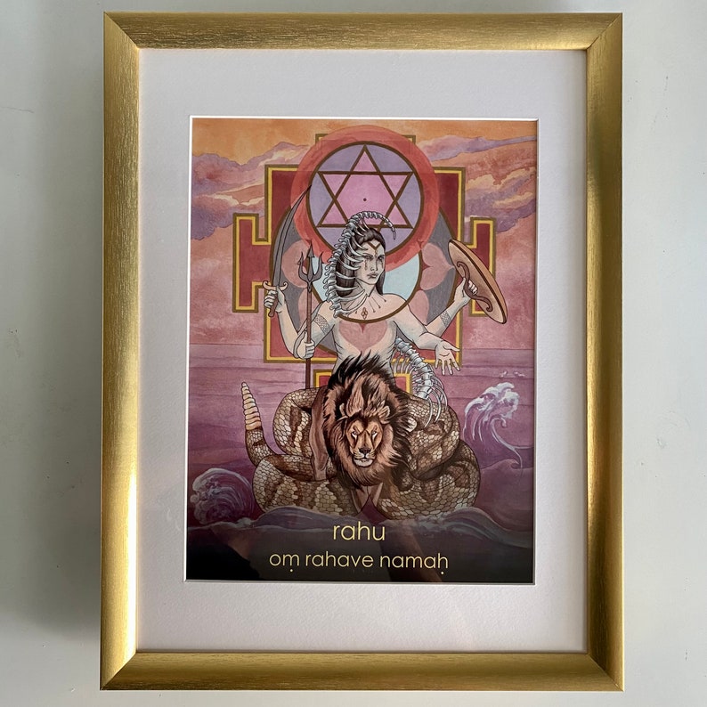 Rahu Lunar North Node Mantra Oracle Art Print Om Rahave Namaha Gold Frame