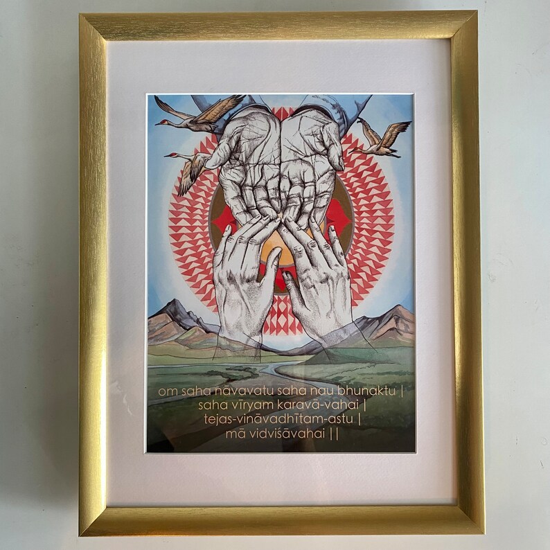 Prayer for Peace Mantra Oracle Art Print Saha Navavatu Gold Frame