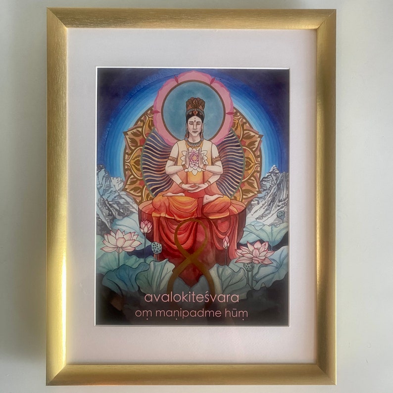 Om Mani Padme Hum Mantra Oracle Art Print Gold Frame