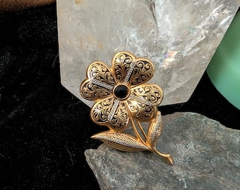 Broche trèfle à 4 feuilles or jaune émail au naturel années
