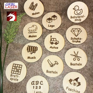 Más de 100 plantillas cortadas con láser: letreros de madera, etiquetas, etiquetas de organización de juguetes, cajas Ikea Trofast, Montessori SVG AI DXF Lightburn