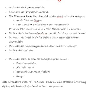 K&ouml;nnte beinhalten: Ein deutsches Dokument mit der &Uuml;berschrift "Achtung!" Das Dokument listet Anweisungen zum Zusammenbauen eines Laser-Schnittprojekts auf. Die Anweisungen beinhalten das Herunterladen einer PDF-Datei, die Verwendung eines Lasergravierers und das Zusammenbauen des Projekts mit Holzleim. Das Dokument enth&auml;lt auch einen Hinweis darauf, sich bei Problemen an den Verk&auml;ufer zu wenden.