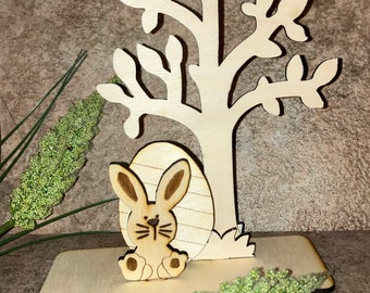 Laser cut template for Easter decoration, cute Easter bunny with egg in front of tree to paint yourself, wood thickness 3 mm, SVG, DXF, AI, Lightburn