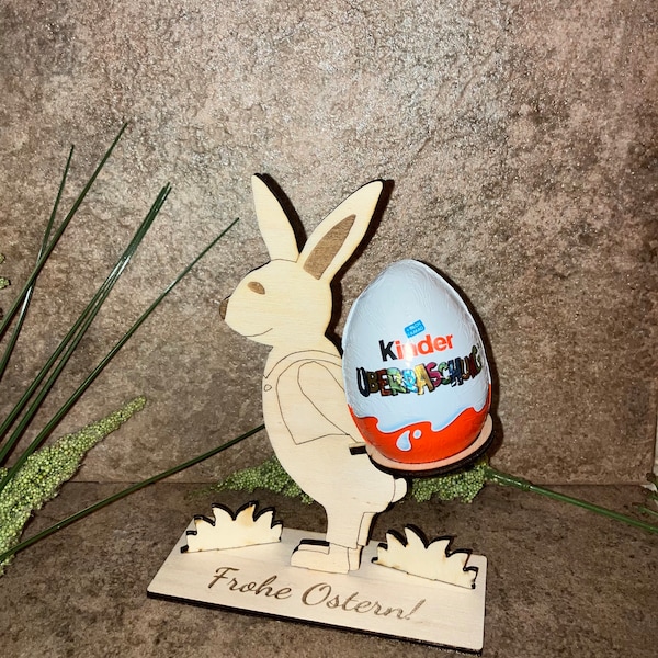 Laser Cut Vorlage für Oster-Deko, süßer Osterhase mit Kinder Überraschungs-Ei, Osterei zum bemalen, für Holz 3mm, SVG, DXF, AI, Lightburn