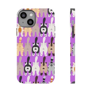 May include: A purple phone case with a repeating pattern of cat butts in various colors and patterns.