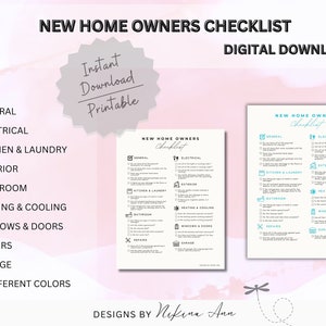 May include: A printable checklist for new homeowners with a pink and blue color scheme. The checklist includes categories such as general, electrical, kitchen & laundry, exterior, bathroom, heating & cooling, windows & doors, repairs, garage, and 6 different colors. The text "NEW HOME OWNERS CHECKLIST" is at the top of the page. The text "DIGITAL DOWNLOAD" is at the top right of the page. The text "Instant Download Printable" is in a circle at the top left of the page.
