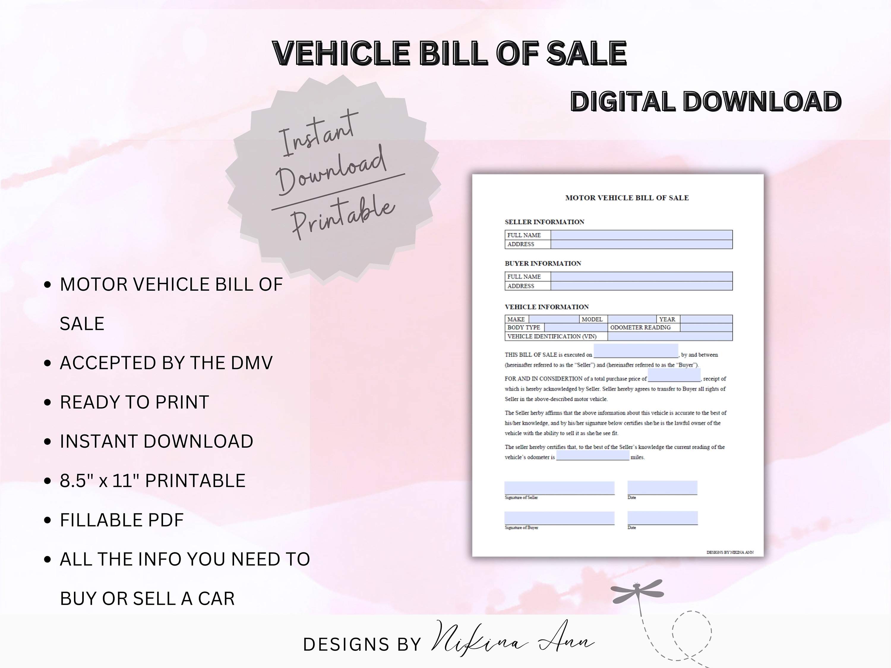 Motor Vehicle Bill of Sale Printable Form | Digital Car Bill of Sale | Auto Bill of Sale | Instant Download | PDF | BOS