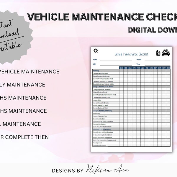 Vehicle Maintenance Checklist Printable Vehicle Maintenance Tracker Printable Vehicle Maintenance Log Car Maintenance Vehicle Records