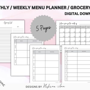 Monthly Menu Plan Template, Weekly Meal, Printable Breakfast, Lunch ...