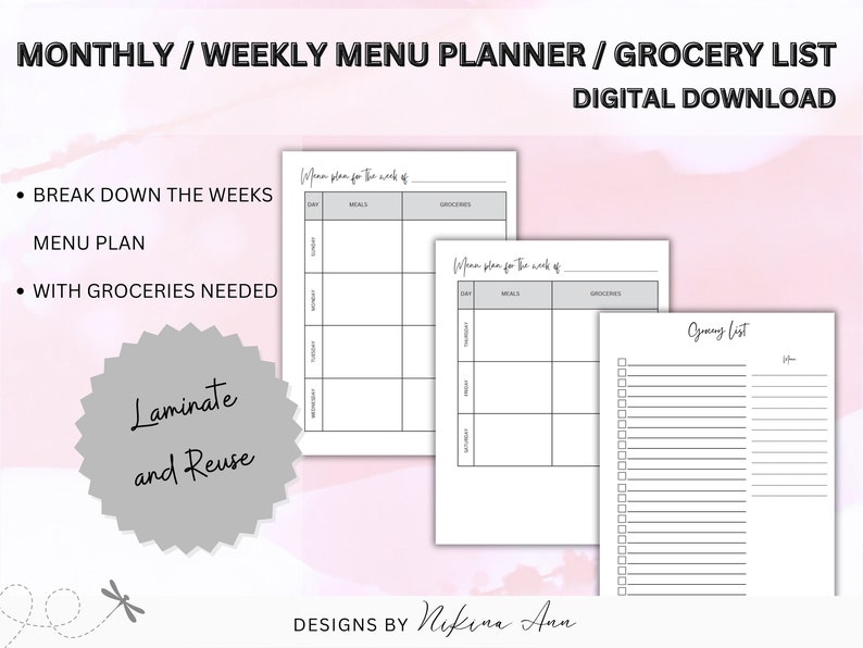 Monthly Menu Plan Template, Weekly Meal, Printable Breakfast, Lunch ...
