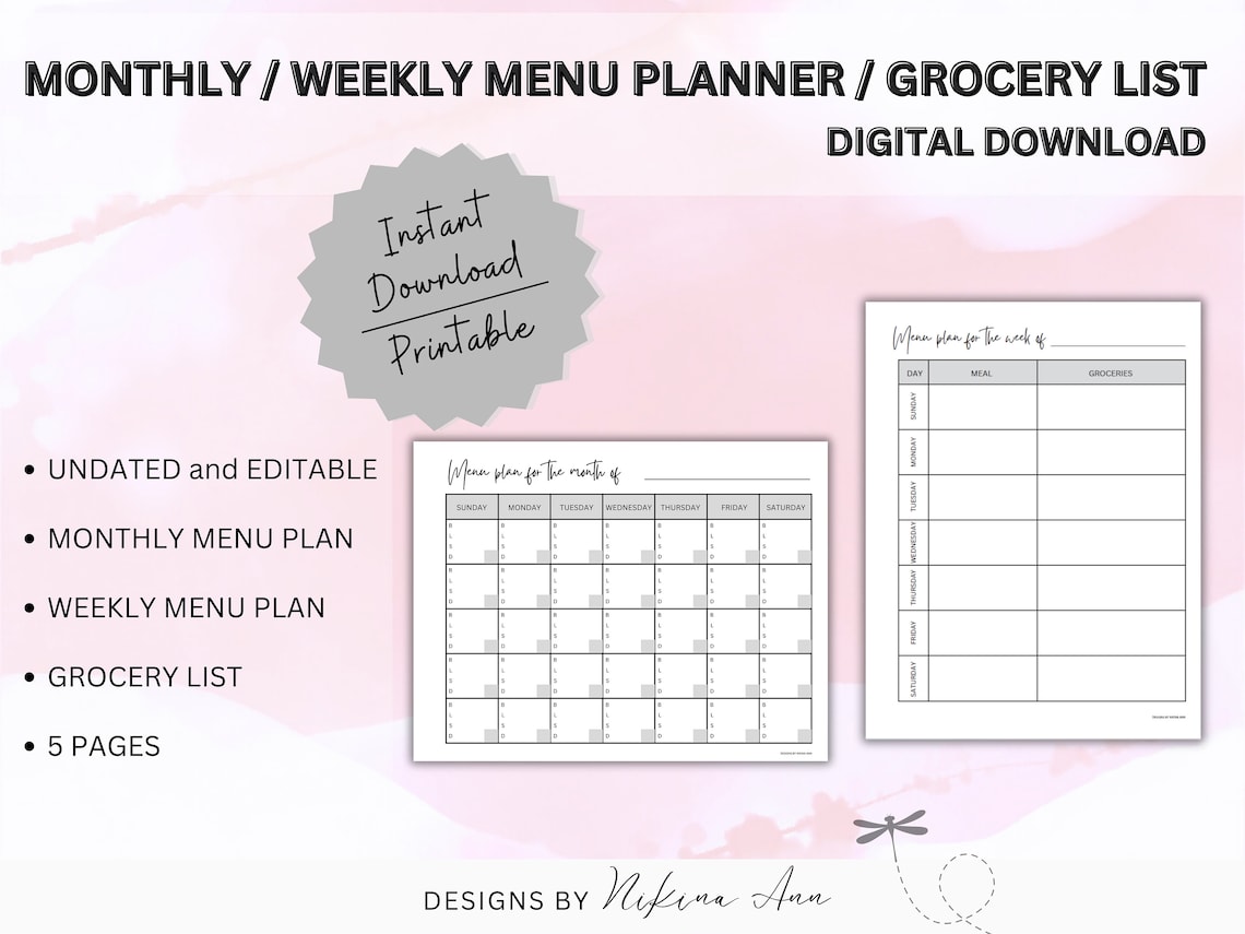 Monthly Menu Plan Template, Weekly Meal, Printable Breakfast, Lunch ...